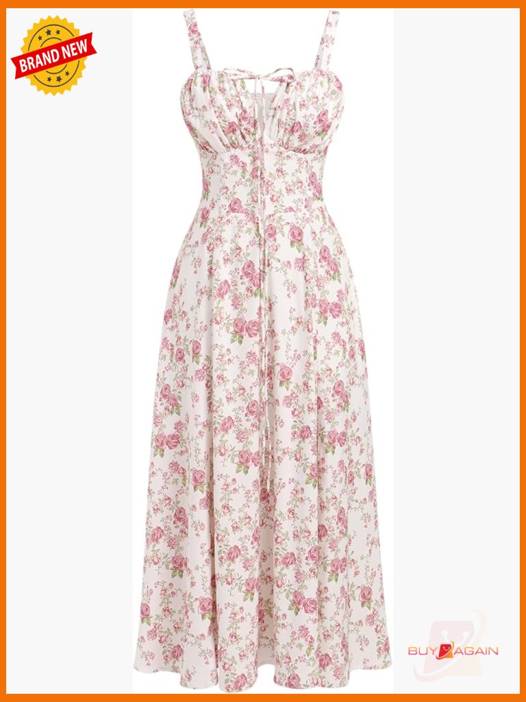 Sleeveless Spaghetti Strap Corset Midi Dress With Slit And Lace Up Back